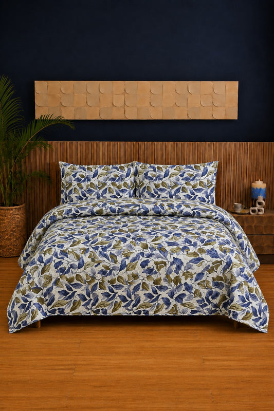 Blue Olive Leaf Ultrasonic Printed 3-Piece Bedspread Set