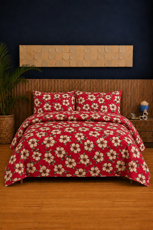Red Daisy Floral Ultrasonic Printed 3-Piece Bedspread Set