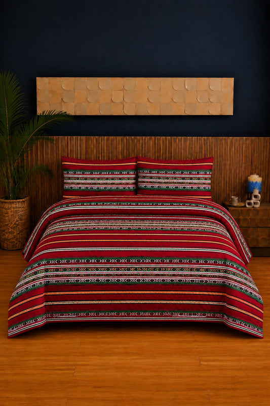 Red Ethnic Stripe Ultrasonic Printed 3-Piece Bedspread Set