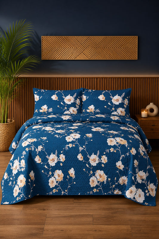 Navy White Blossom Ultrasonic Printed 3-Piece Bedspread Set