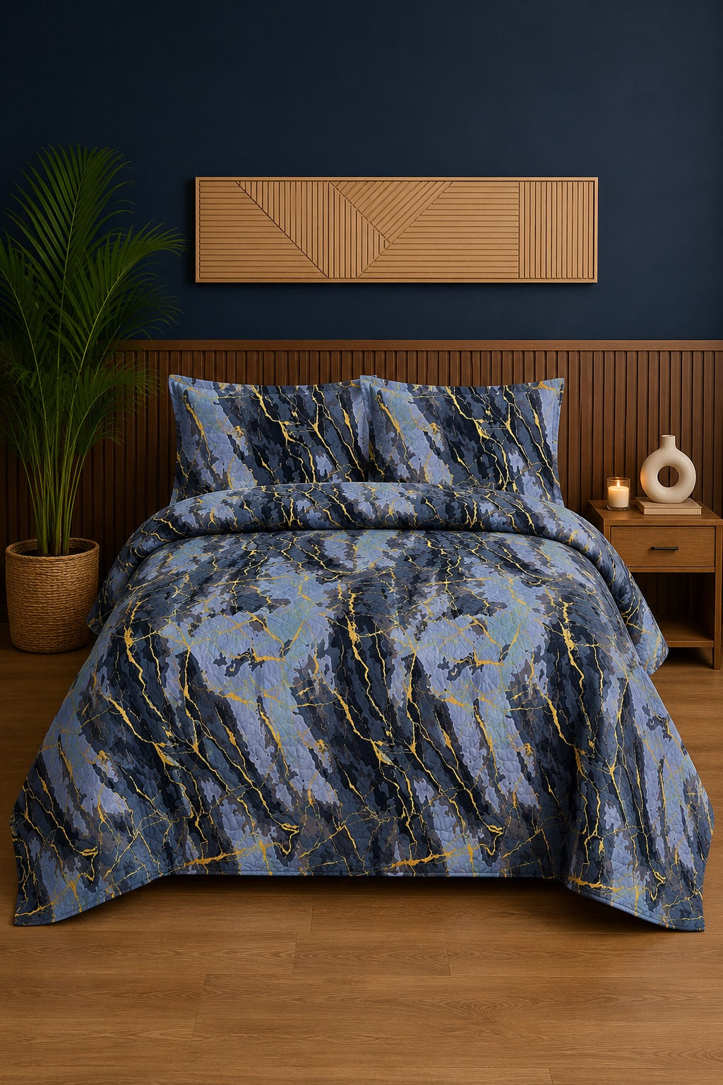 Blue Marble Gold Vein Ultrasonic Printed 3-Piece Bedspread Set