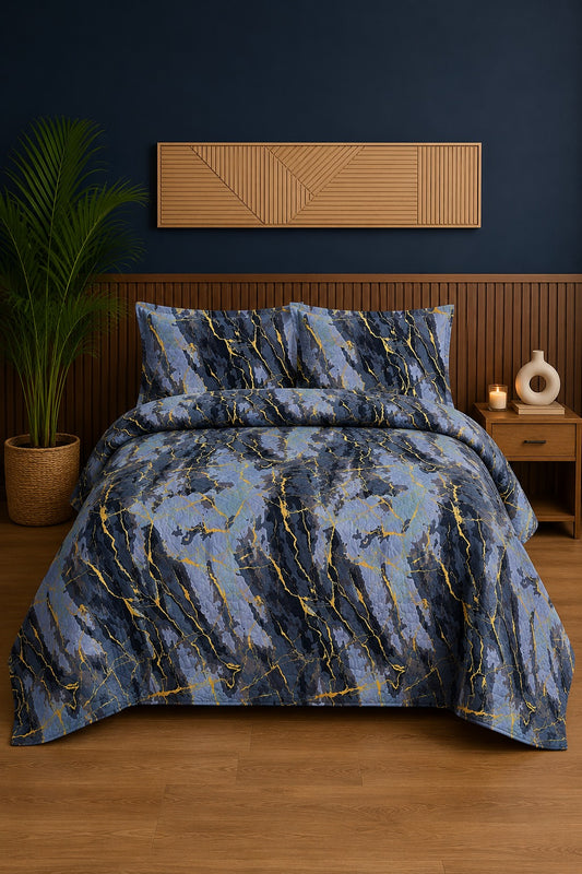 Blue Marble Gold Vein Ultrasonic Printed 3-Piece Bedspread Set