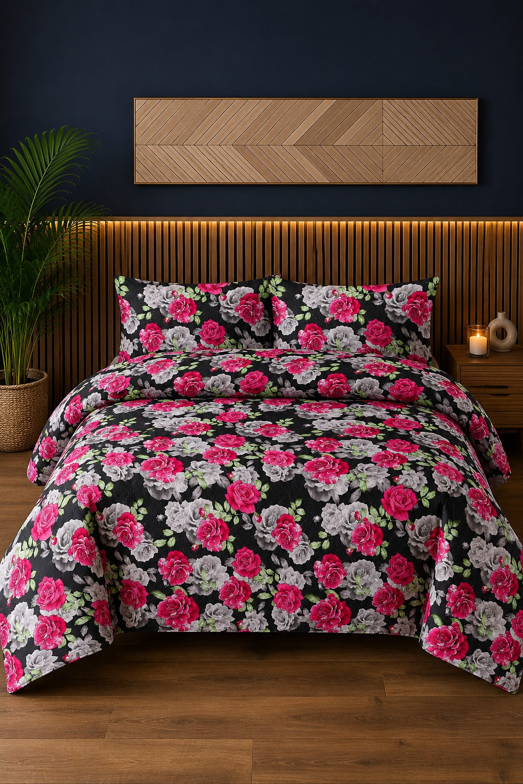 Black Rose Bouquet Ultrasonic Printed 3-Piece Bedspread Set