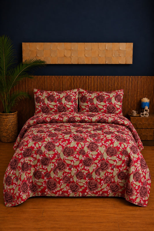 Crimson Rose Bloom Ultrasonic Printed 3-Piece Bedspread Set
