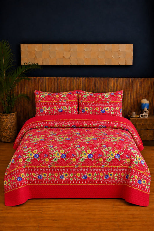 Red Garden Border Ultrasonic Printed 3-Piece Bedspread Set