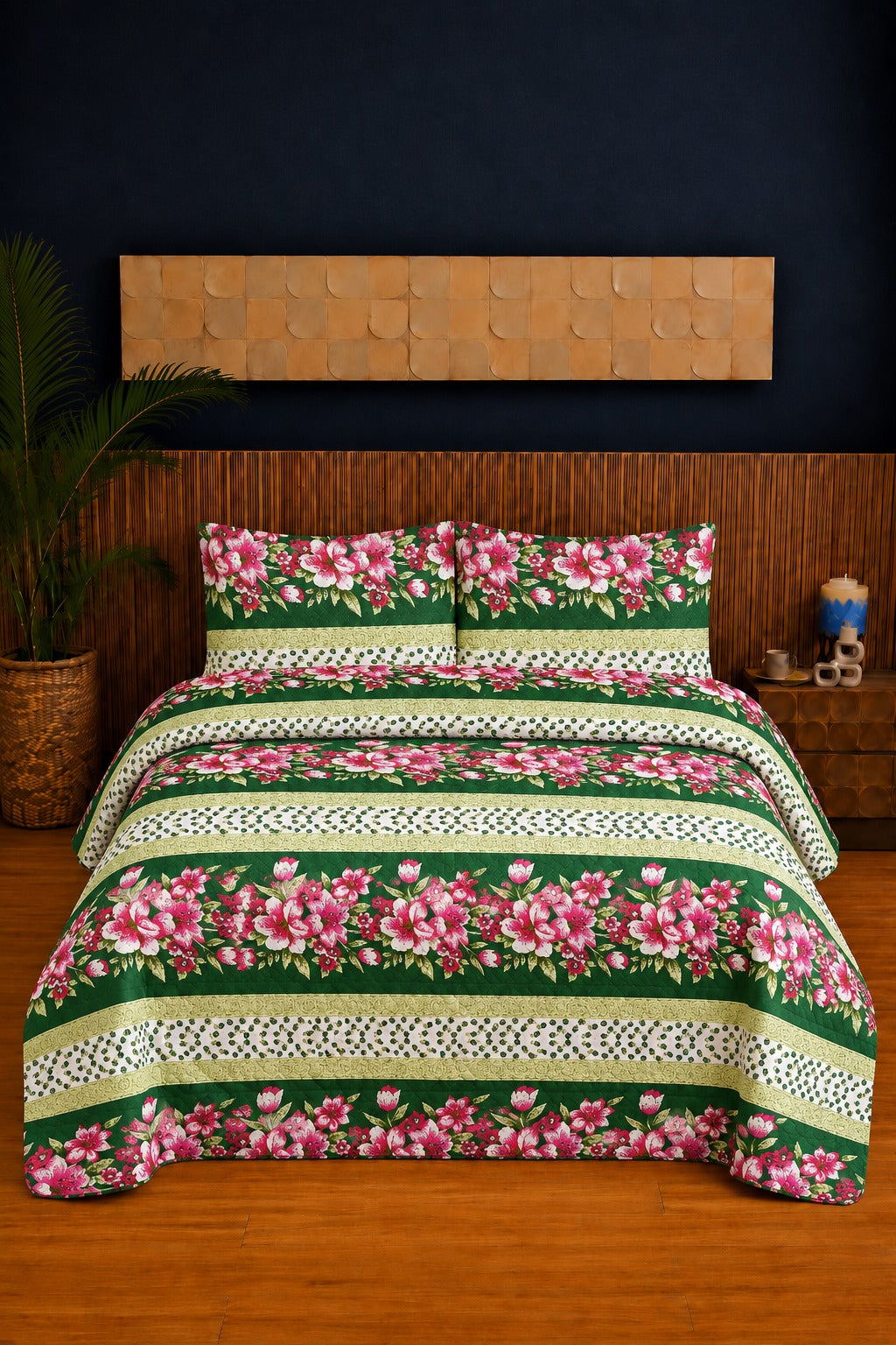 Emerald Rose Stripe Ultrasonic Printed 3-Piece Bedspread Set