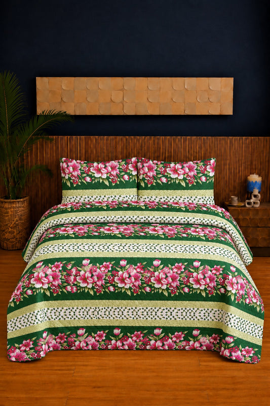 Emerald Rose Stripe Ultrasonic Printed 3-Piece Bedspread Set