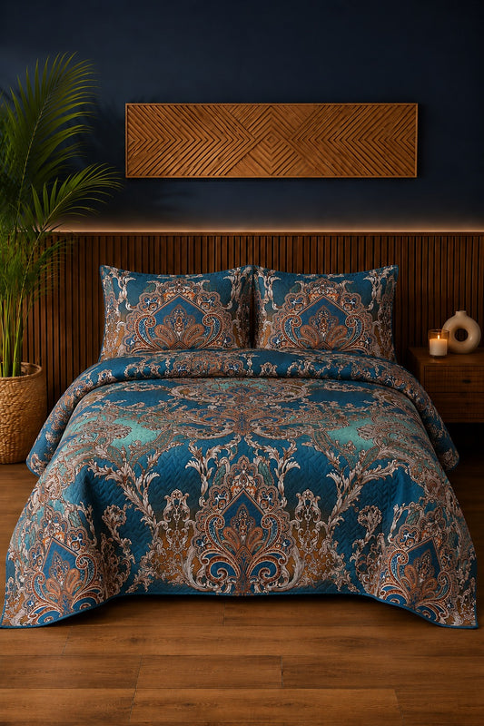 Royal Teal Paisley Ultrasonic Printed 3-Piece Bedspread Set