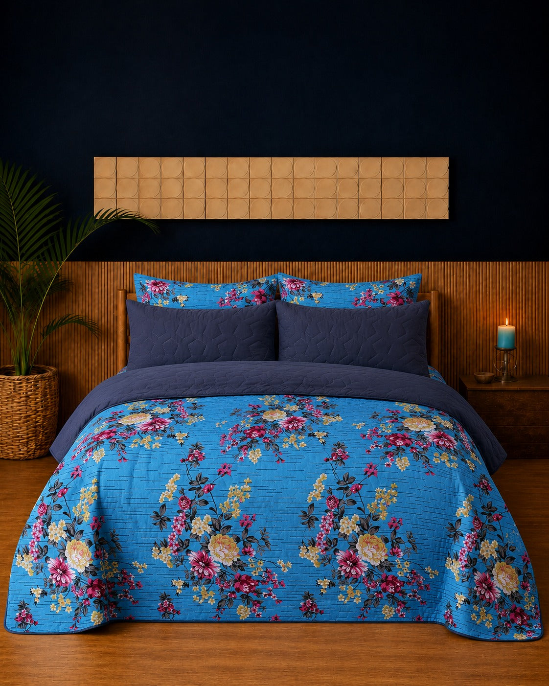 Sky Blue Navy Floral Quilted 3 Pcs Bedsheet Set