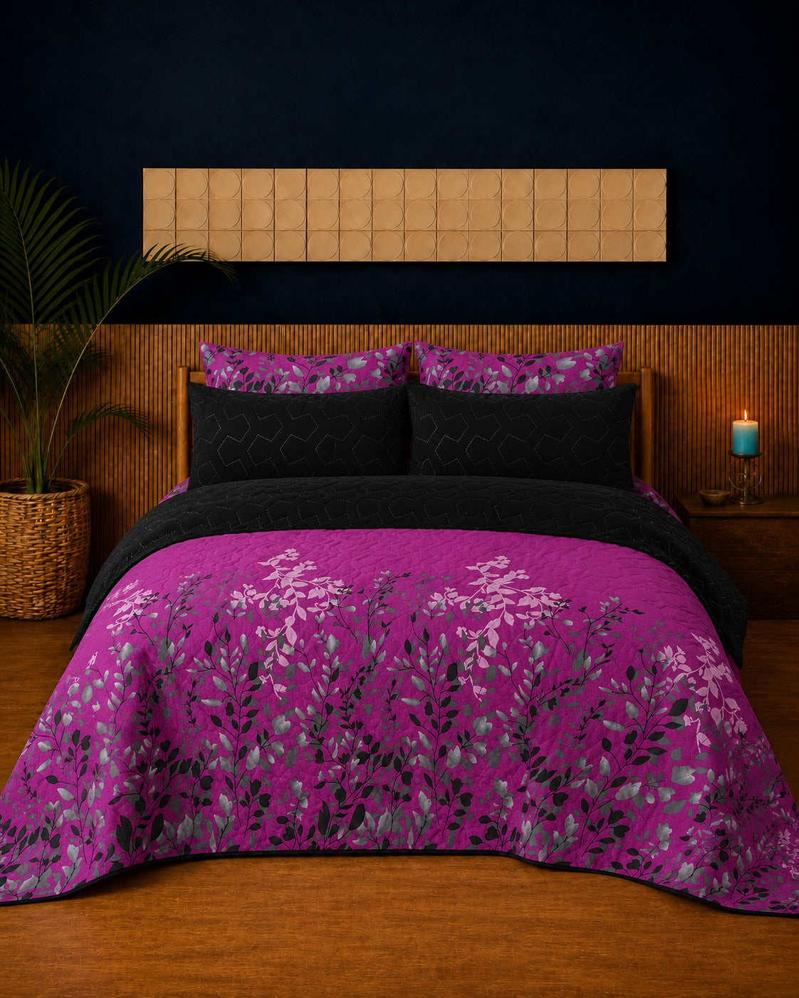 Magenta Black Leaf Quilted 3 Pcs Bedsheet Set