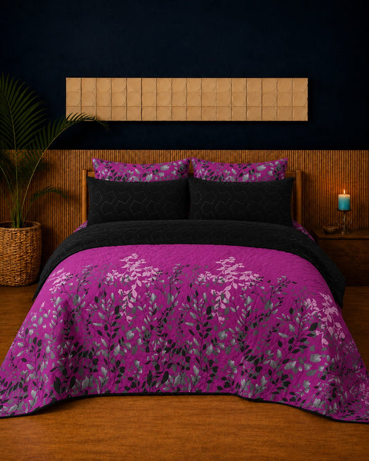 Magenta Black Leaf Quilted 6 Pcs Bedsheet Set