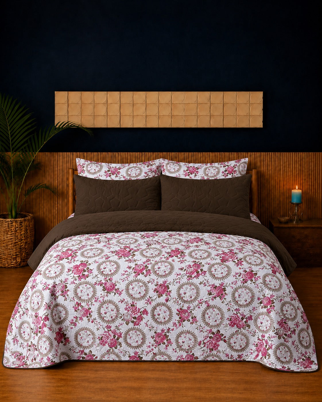 White Pink Rose Quilted 3 Pcs Bedsheet Set