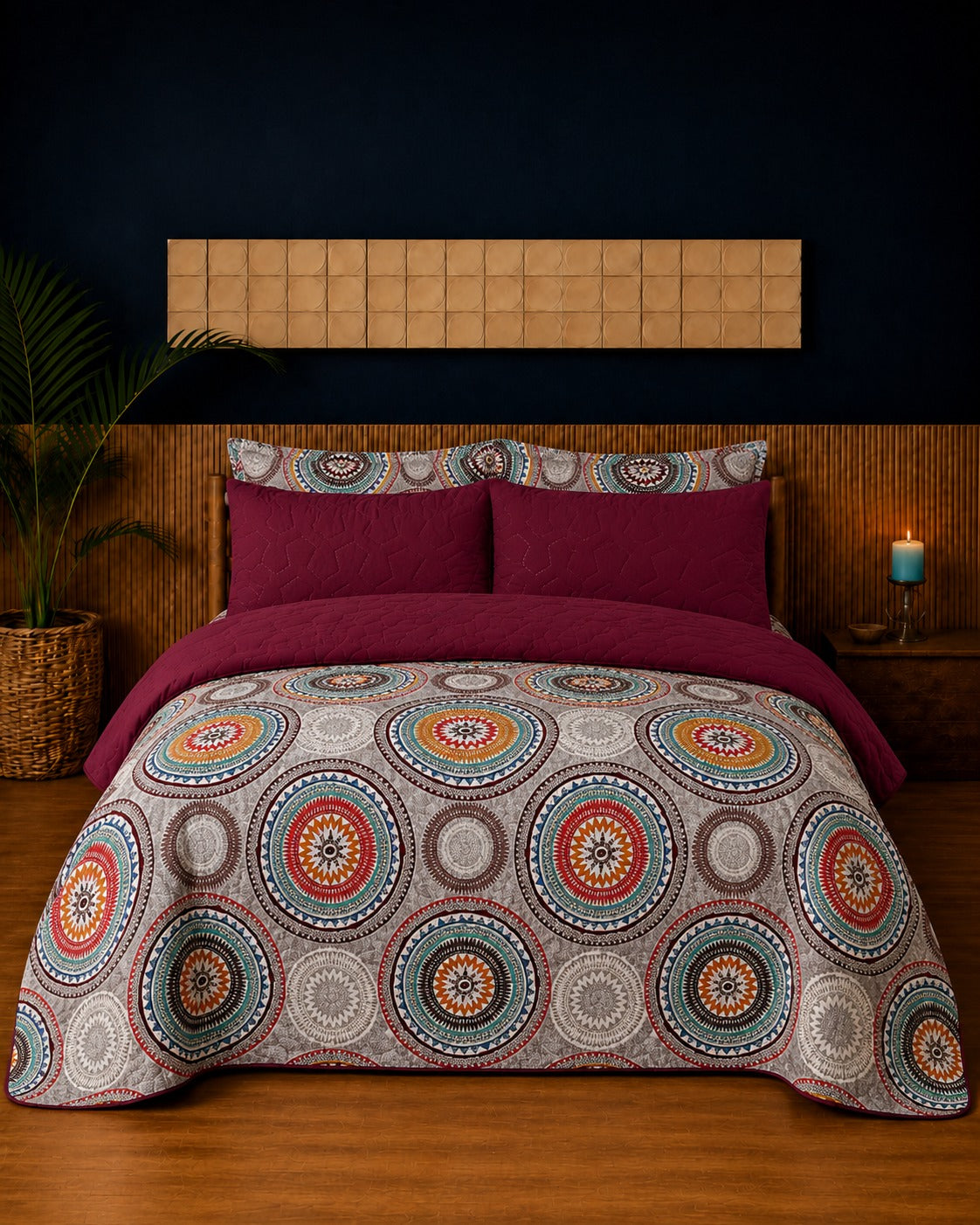 Maroon Mandala Circle Quilted 3 Pcs Bedsheet Set