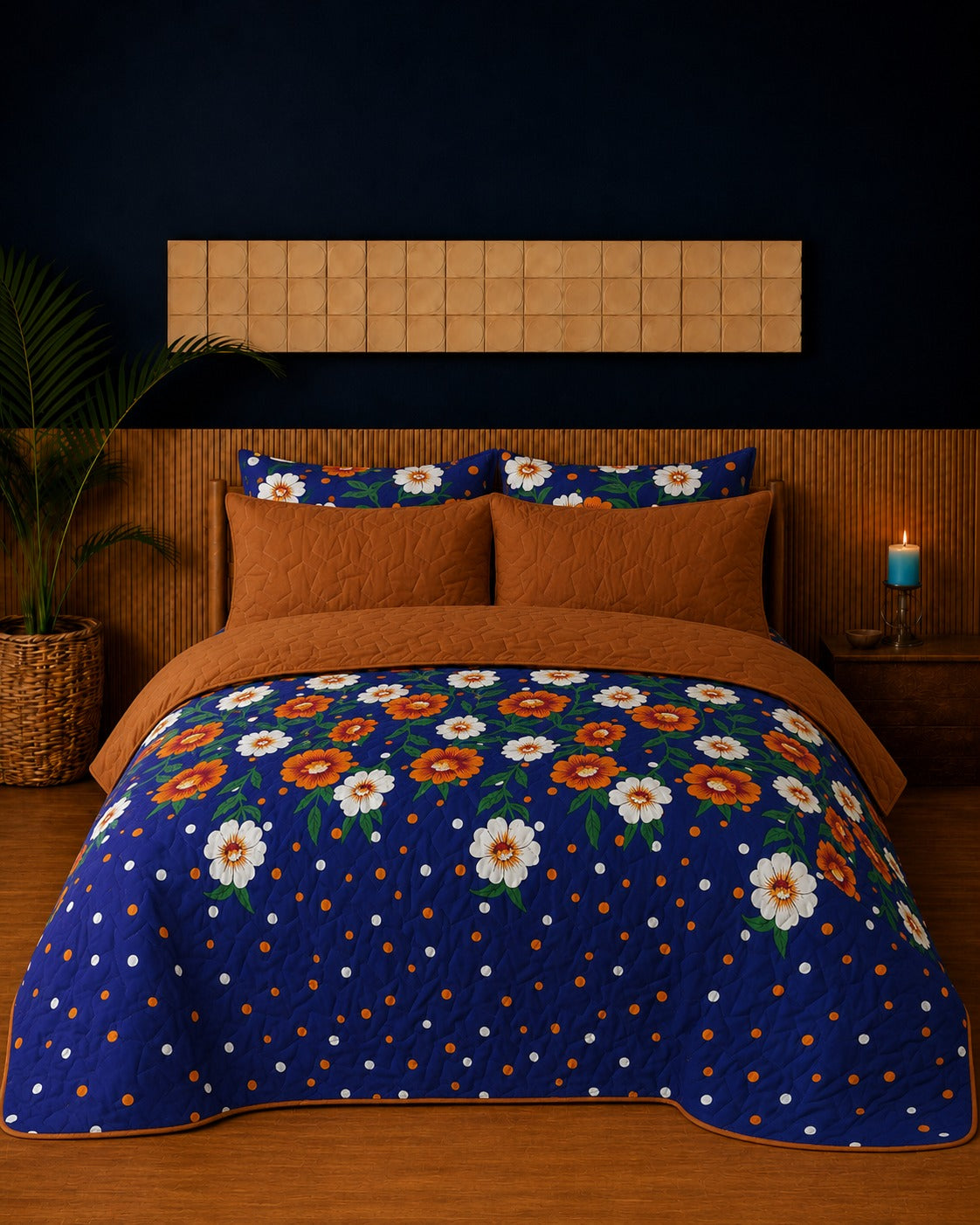 Royal Blue Rust Floral Quilted 3 Pcs Bedsheet Set