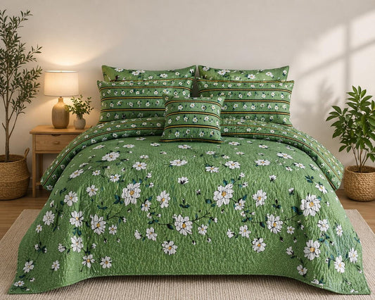 Green White Daisy Quilted 7 Pcs Bedsheet Set