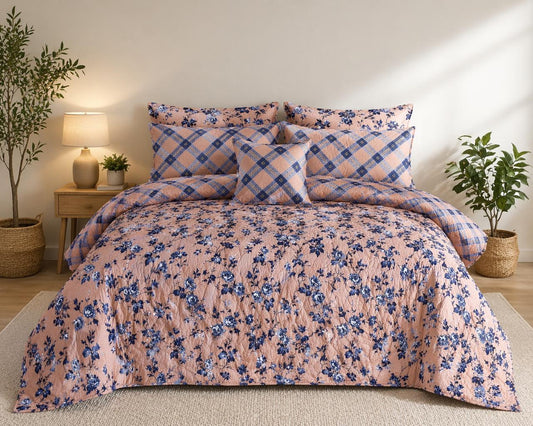 Peach Blue Floral Quilted 7 Pcs Bedsheet Set