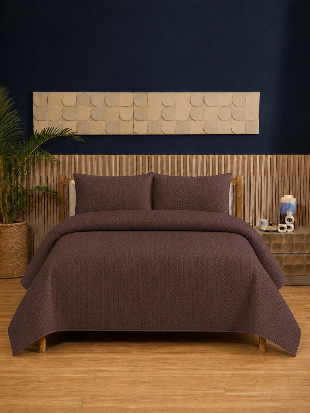 Coffee Brown Ultrasonic Dyed 3-Piece Bedspread Set