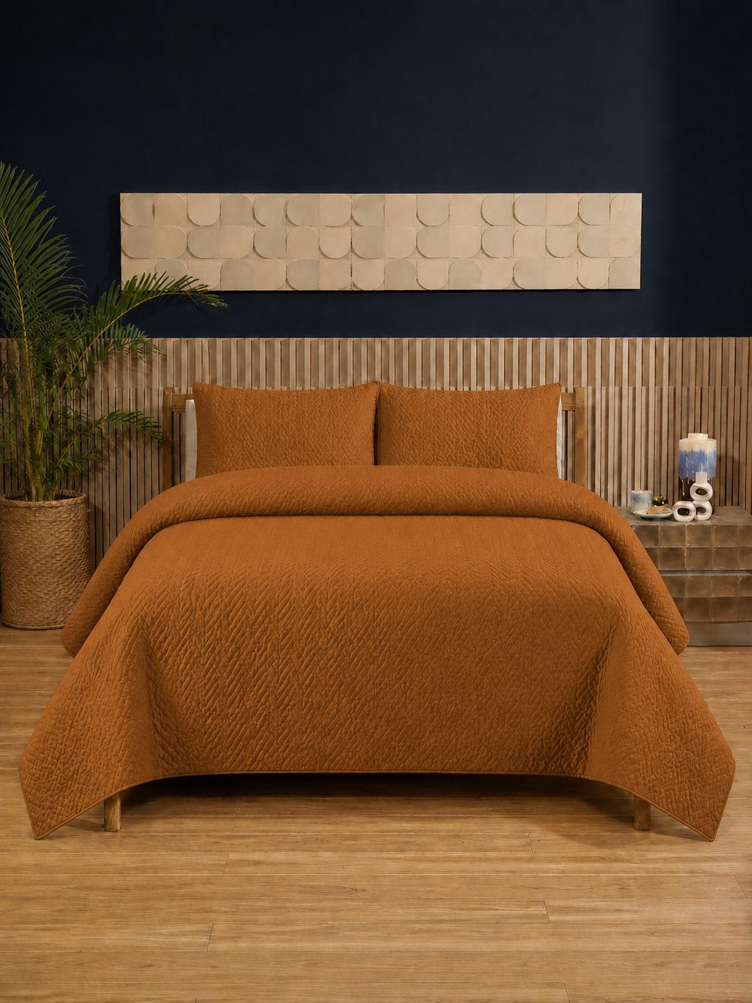 Coffee Brown Ultrasonic Dyed 3-Piece Bedspread Set