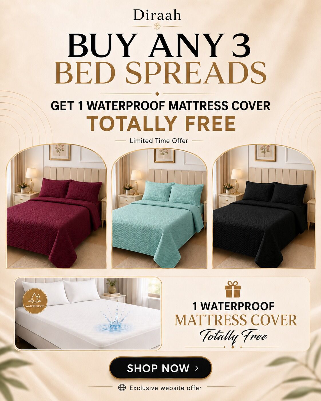 Buy 3 Bedspreads Get 1 Waterproof Mattress Protector Free