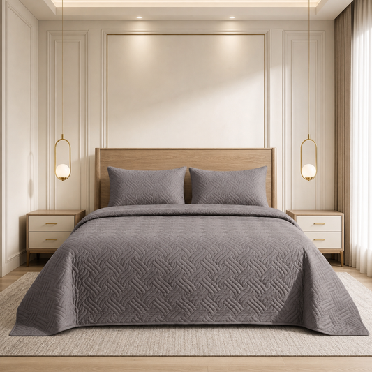 Ash Grey Ultrasonic Quilted 3 Piece Bedspread Set