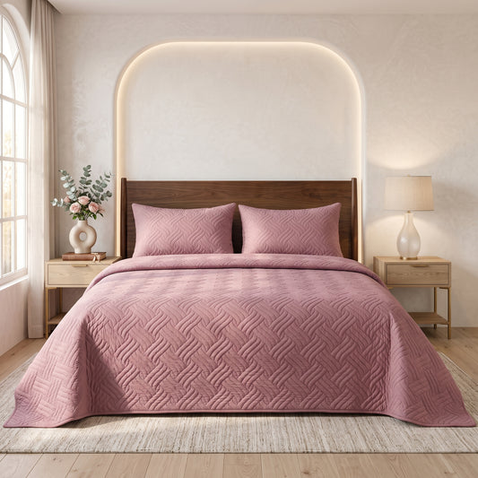 Soft Rose Ultrasonic Quilted 3 Piece Bedspread Set