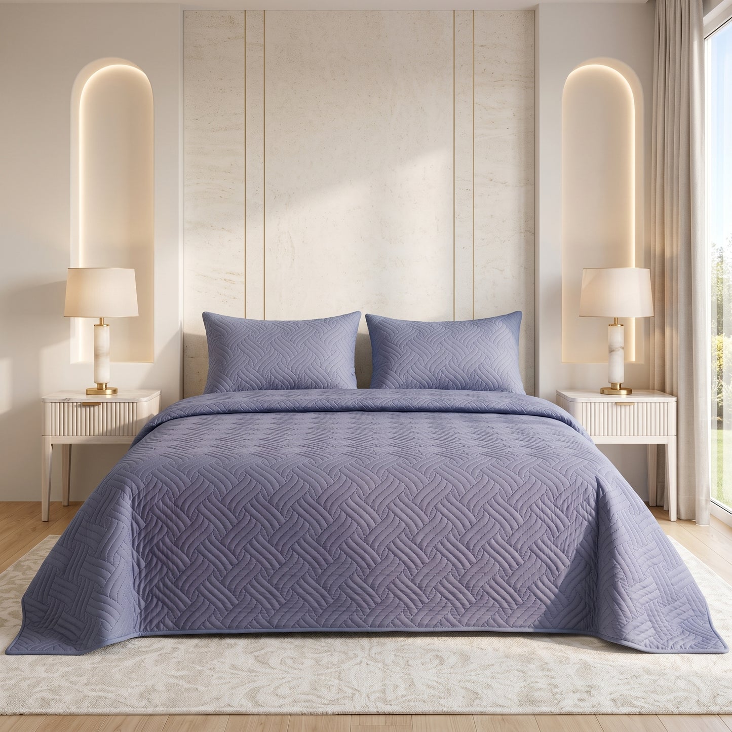 Blue Grey Ultrasonic Quilted 3 Piece Bedspread Set