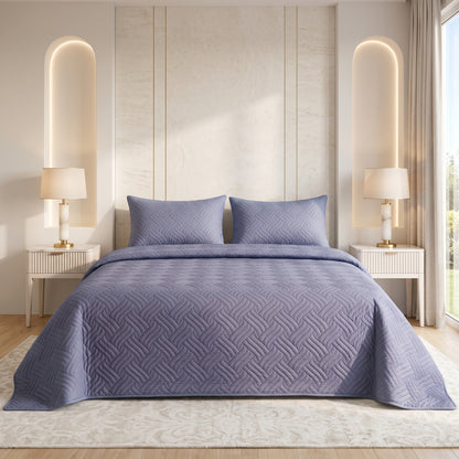 Blue Grey Ultrasonic Quilted 3 Piece Bedspread Set