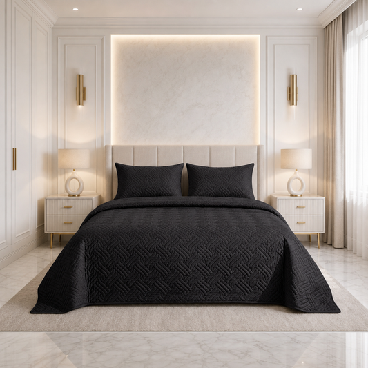 Classic Black Ultrasonic Quilted 3 Piece Bedspread Set