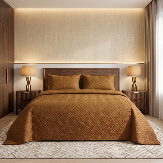 Sand Beige Ultrasonic Quilted 3 Piece Bedspread Set
