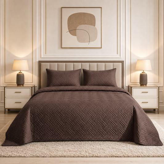 Soft Brown Ultrasonic Quilted 3 Piece Bedspread Set