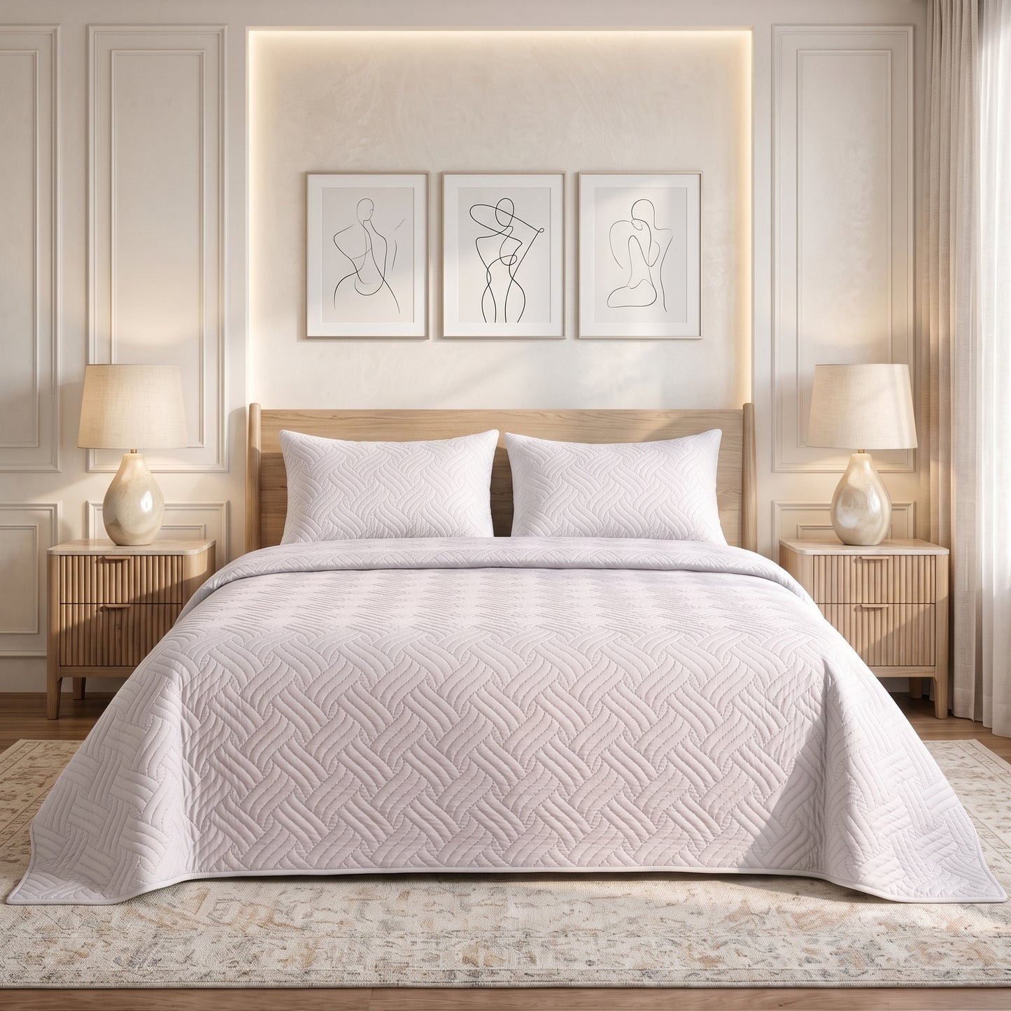 Silky White Ultrasonic Quilted 3 Piece Bedspread Set