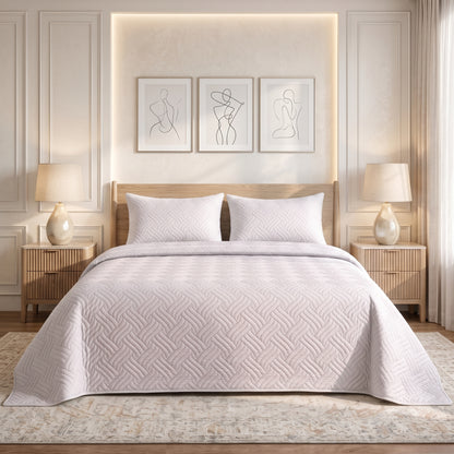 Silky White Ultrasonic Quilted 3 Piece Bedspread Set