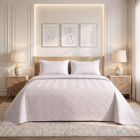 Silky White Ultrasonic Quilted 3 Piece Bedspread Set