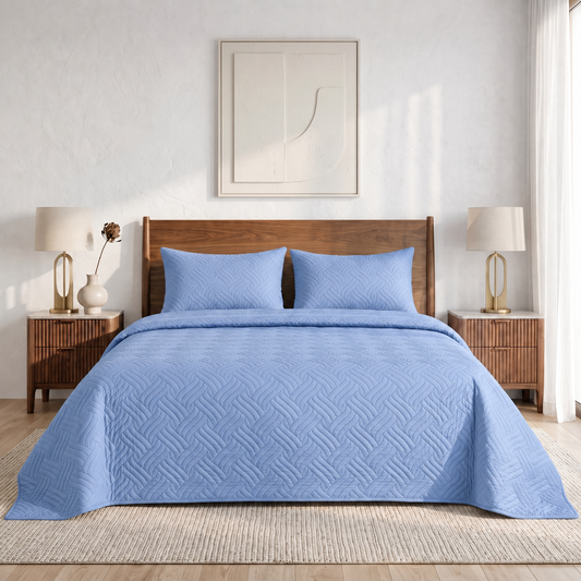 Sky Blue Ultrasonic Quilted 3 Piece Bedspread Set