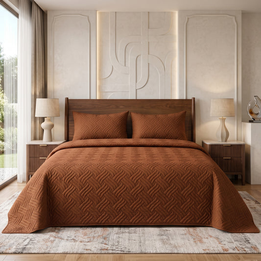 Caramel Gold Ultrasonic Quilted 3 Piece Bedspread Set