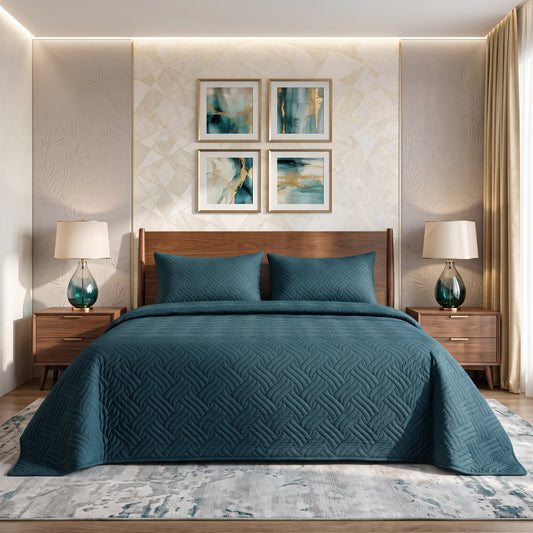 Teal Blue Ultrasonic Quilted 3 Piece Bedspread Set