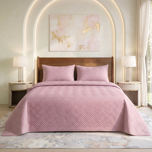 Baby Pink Ultrasonic Quilted 3 Piece Bedspread Set