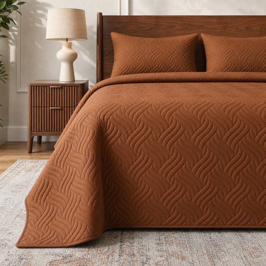 Caramel Gold Ultrasonic Quilted 3 Piece Bedspread Set