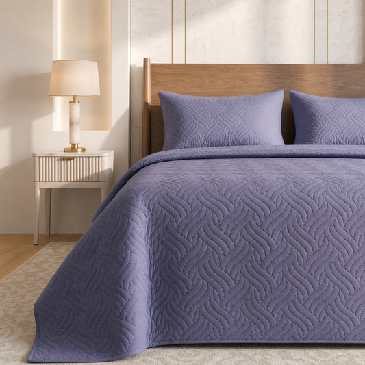 Blue Grey Ultrasonic Quilted 3 Piece Bedspread Set