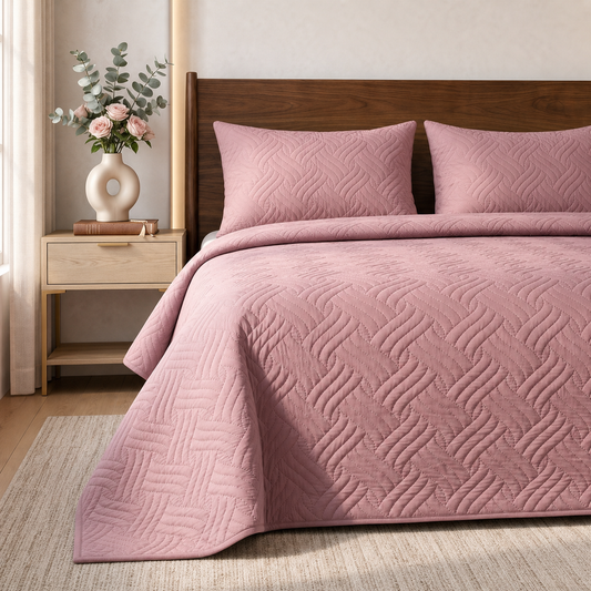 Soft Rose Ultrasonic Quilted 3 Piece Bedspread Set