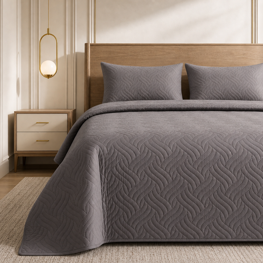 Ash Grey Ultrasonic Quilted 3 Piece Bedspread Set