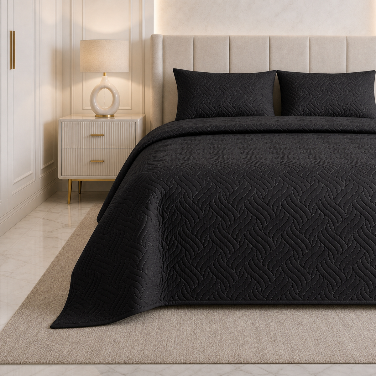 Classic Black | Ultrasonic Quilted Bedspread Set | 3 Piece