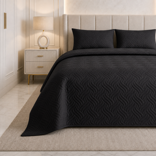 Classic Black Ultrasonic Quilted 3 Piece Bedspread Set