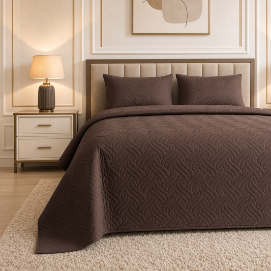 Soft Brown Ultrasonic Quilted 3 Piece Bedspread Set