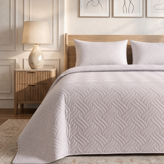 Silky White Ultrasonic Quilted 3 Piece Bedspread Set