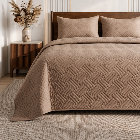 Ivory Cream Ultrasonic Quilted 3 Piece Bedspread Set